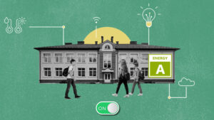 Children approach a school building. A symbol of a switch at bottom center goes from off to on. A grade for energy in lower right corner goes from D to A as symbols of light and energy appear above the school, showing the Vertuoz Control system is working.