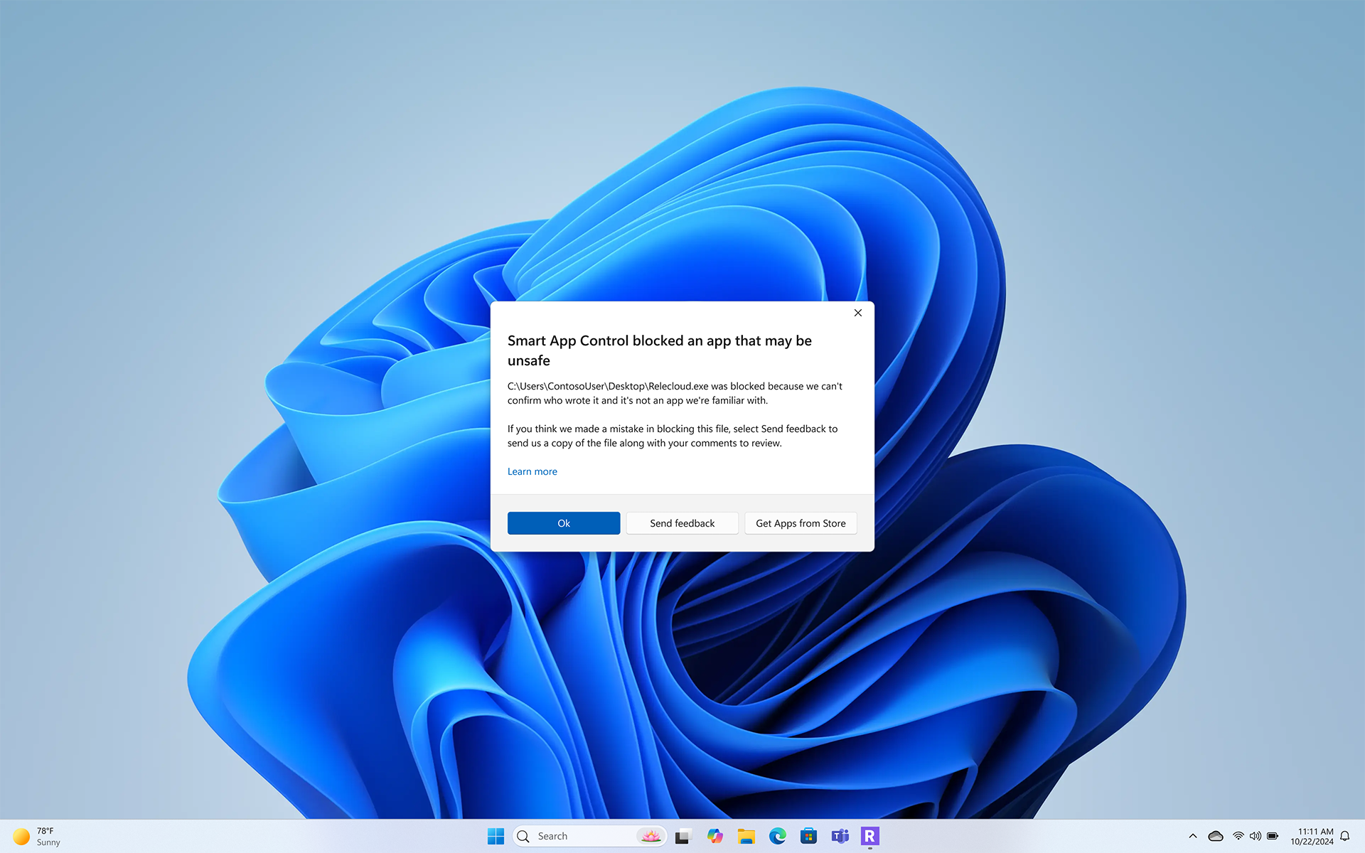 Captura de pantalla de Windows 11 con un cuadro de la función Control Inteligente de Aplicaciones