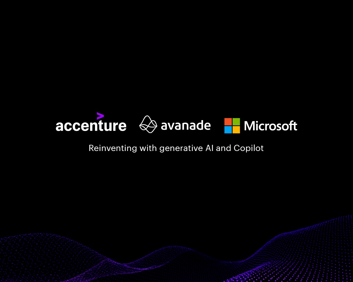 Fondo negro con los logos de Accenture, Avanade y Microsoft. Bajo ellos la frase reinventing with generative AI and Copilot