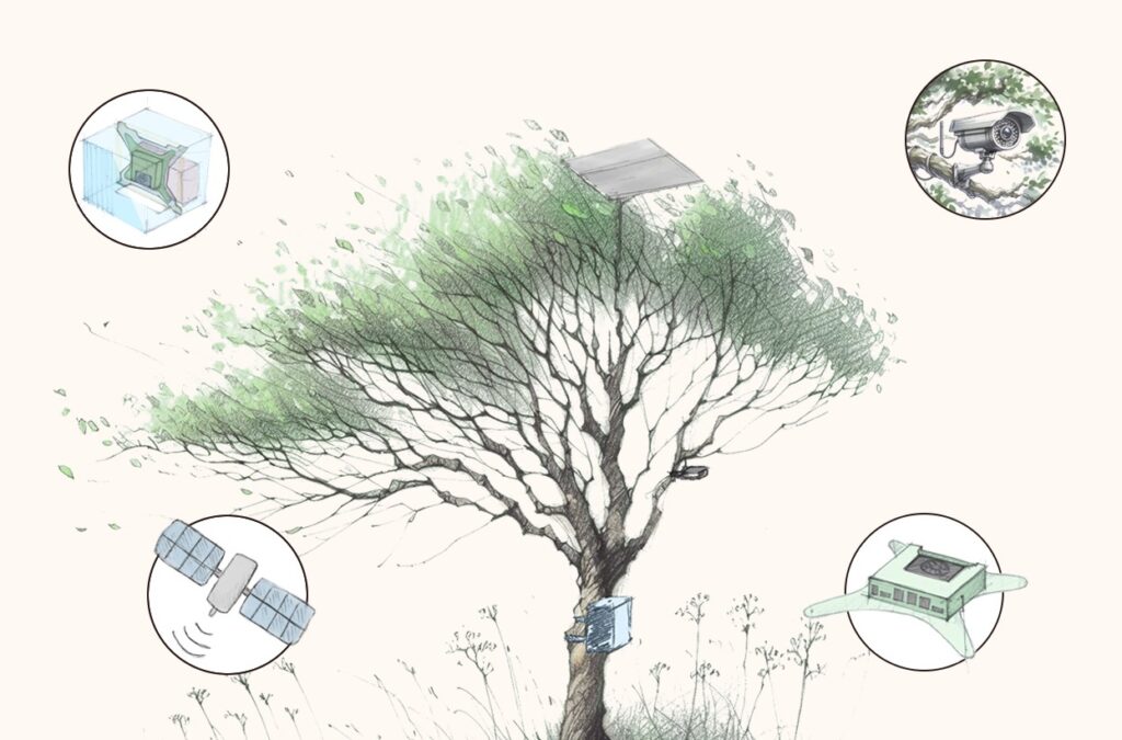 Ilustración de un árbol y diferentes elementos tecnológicos a su alrededor