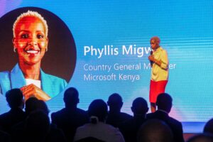 Phyllis Migwi, Country Manager, Microsoft Kenya, delivers the keynote address on stage at the AI Tour stop in Nairobi, Kenya.