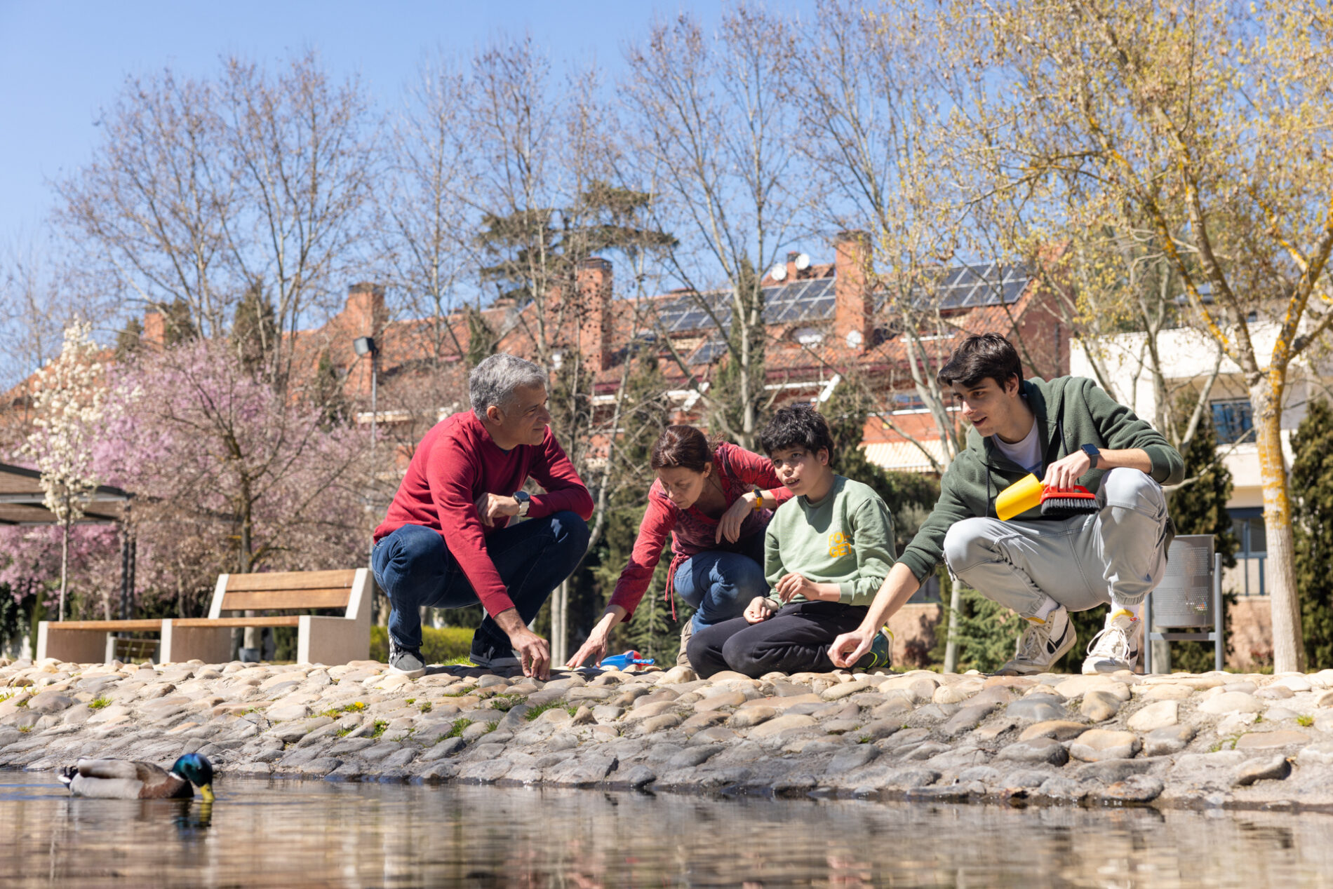 Man, woman, young man and child playing at a pond.