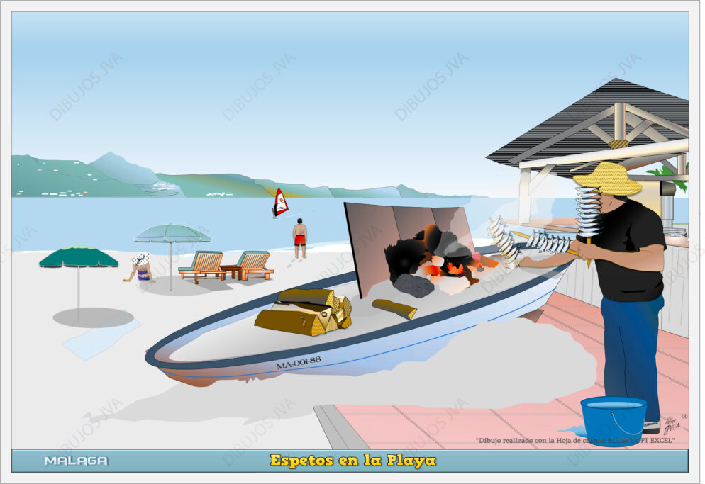 Dibujo hecho con Excel de un hombre cocinando Espetos en la playa