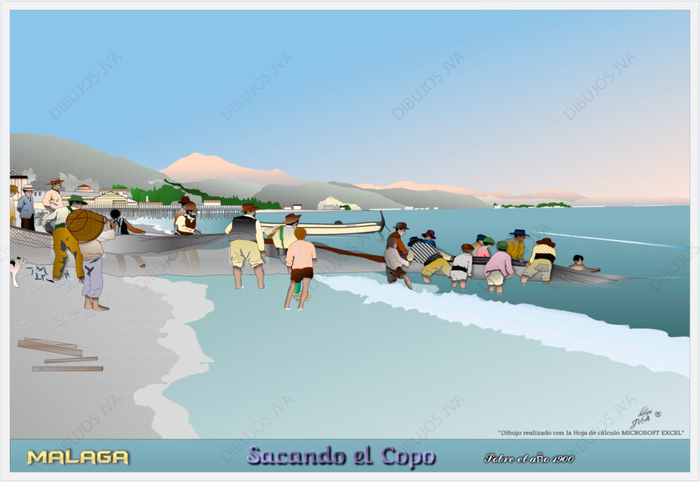 Dibujo hecho con Excel de unas personas en la playa sacando el copo