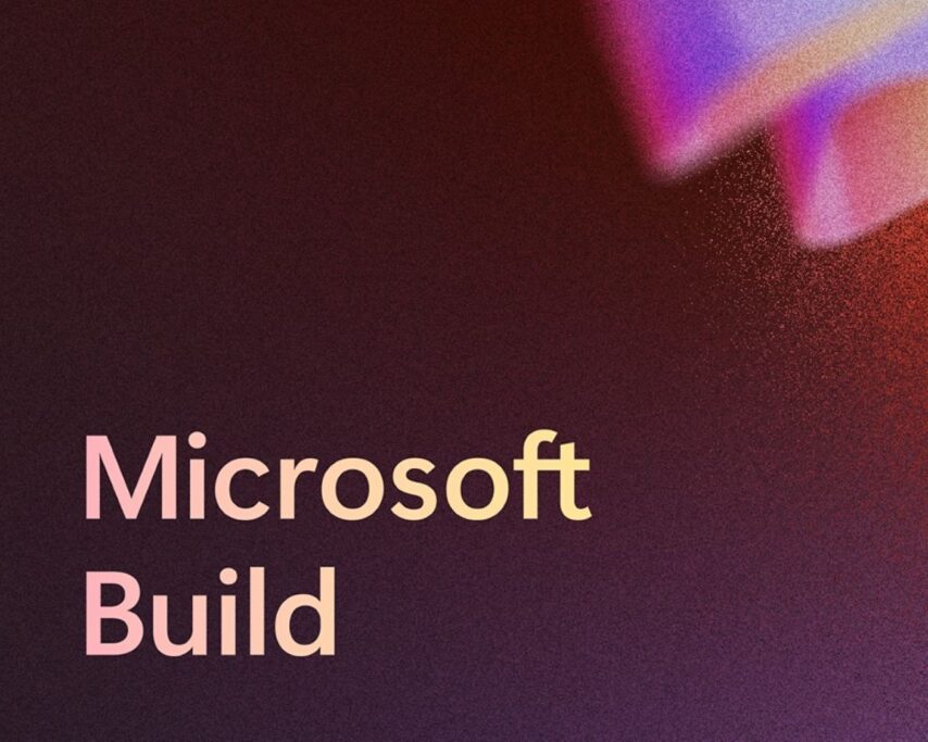 Texto Microsoft Build 2025 junto a formas triangulares abstractas