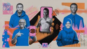 Picture composite showing the Kenya finalists of the 2025 Imagine Cup Signvrse team, showing four students with a graphic representation of a phone app to help hearing-impaired persons translate spoken words into African Sign Language.