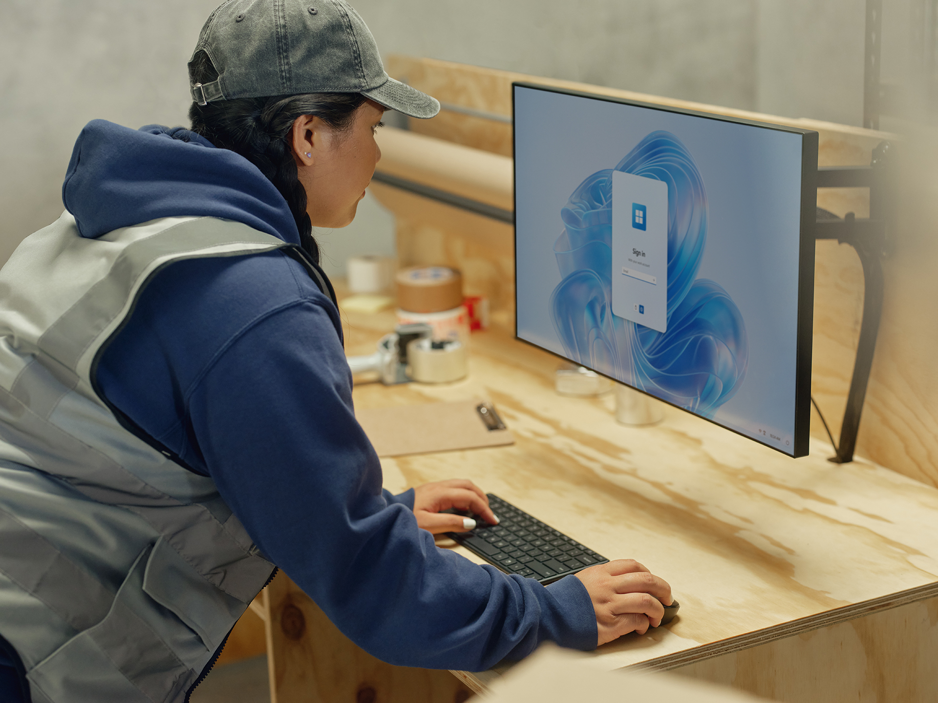 Una mujer frente a una mesa en un entorno de trabajo manual utilizando Windows 365 en un dispositivo de escritorio