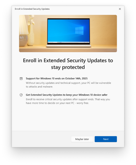 Ventana de la extensión de las actualizaciones de seguridad